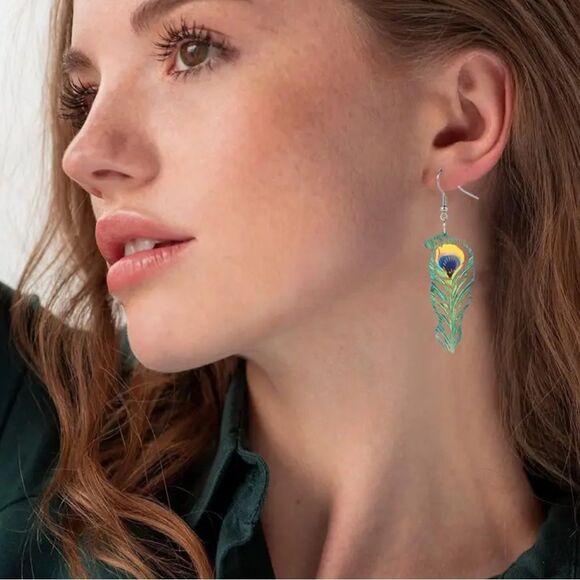 Peacock Feather Wooden Dangle Earrings - Picture 1 of 2